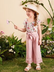 SHEIN 小女童印花荷葉邊上衣和腰帶長褲 - 彩色 - 查看 6