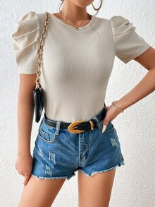 SHEIN Privé Puff Sleeve Ribbed Knit Tee - Apricot - View 4