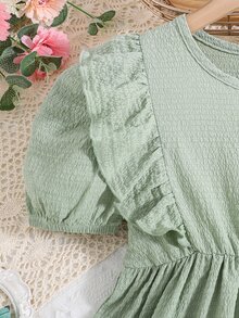Chicas Blusa ribete con fruncido de manga farol - Verde - Ver 4