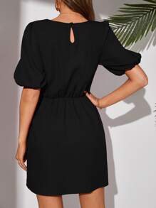 SHEIN Tall Puff Sleeve Keyhole Back Knot Side Dress - Black - View 2