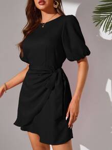 SHEIN Tall Puff Sleeve Keyhole Back Knot Side Dress - Black - View 3