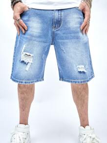 Manfinity EMRG Shorts De Mezclilla Para Hombre Desgastados, Desteñidos, Descuartizados, De Ajuste Holgado - Lavado ligero - Ver 3