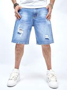 Manfinity EMRG Shorts De Mezclilla Para Hombre Desgastados, Desteñidos, Descuartizados, De Ajuste Holgado - Lavado ligero - Ver 4