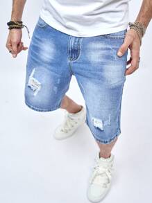 Manfinity EMRG Shorts De Mezclilla Para Hombre Desgastados, Desteñidos, Descuartizados, De Ajuste Holgado - Lavado ligero - Ver 6
