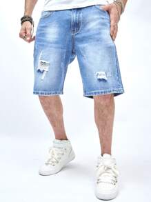 Manfinity EMRG Shorts De Mezclilla Para Hombre Desgastados, Desteñidos, Descuartizados, De Ajuste Holgado - Lavado ligero - Ver 7