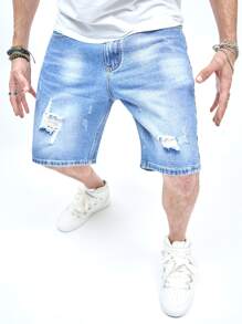 Manfinity EMRG Shorts De Mezclilla Para Hombre Desgastados, Desteñidos, Descuartizados, De Ajuste Holgado - Lavado ligero - Ver 8