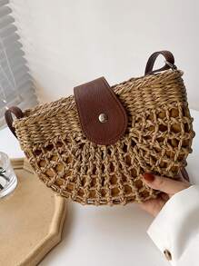 Mini Hollow Out Design Straw Bag - Brown - View 5