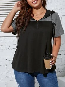 SHEIN LUNE Plus 拼色半拉链 T 恤 图案 T 恤 女式上衣 - 黑色 - 查看 3