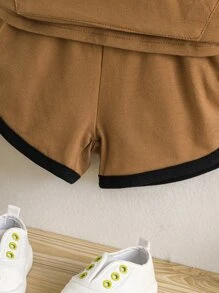 男嬰撞色滾邊袋鼠口袋連帽背心上衣和短褲 - 棕色 - 查看 6