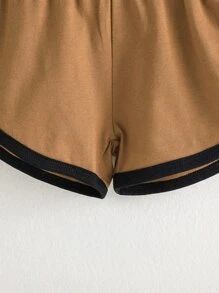 男嬰撞色滾邊袋鼠口袋連帽背心上衣和短褲 - 棕色 - 查看 8