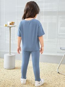 SHEIN Little Byeori Young Girl Letter Patched Drop Shoulder Tee & Sweatpants - Blue - View 2