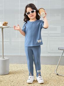 SHEIN Little Byeori Young Girl Letter Patched Drop Shoulder Tee & Sweatpants - Blue - View 3