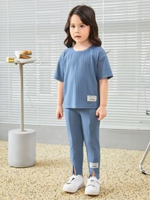 SHEIN Little Byeori Young Girl Letter Patched Drop Shoulder Tee & Sweatpants - Blue - View 4