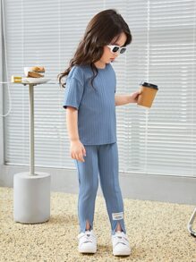 SHEIN Little Byeori Young Girl Letter Patched Drop Shoulder Tee & Sweatpants - Blue - View 6