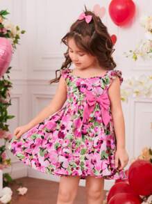 SHEIN Toddler Girls Floral Print Ruffle Trim Bow Detail Dress - Multicolor - View 1