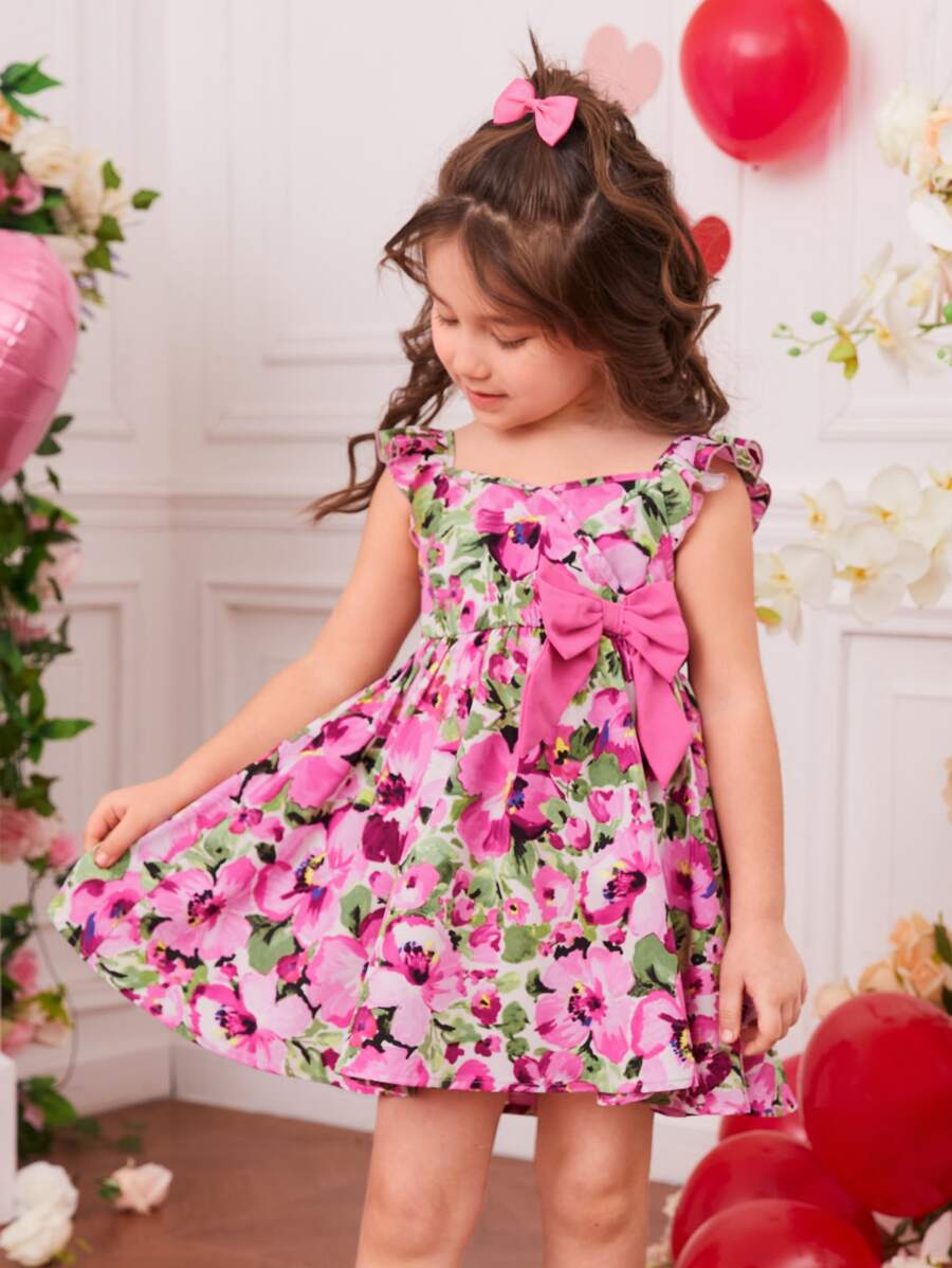 SHEIN Toddler Girls Floral Print Ruffle Trim Bow Detail Dress - Multicolor - View 1