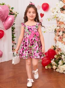 SHEIN Toddler Girls Floral Print Ruffle Trim Bow Detail Dress - Multicolor - View 3