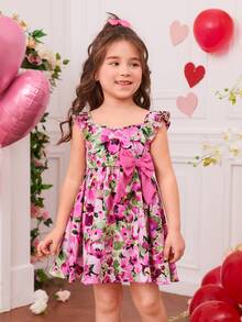 SHEIN Toddler Girls Floral Print Ruffle Trim Bow Detail Dress - Multicolor - View 5