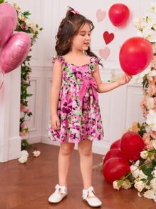 SHEIN Toddler Girls Floral Print Ruffle Trim Bow Detail Dress - Multicolor - View 6