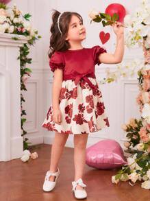 小女童印花泡泡袖繫腰帶洋裝