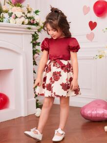 小女童印花泡泡袖繫腰帶洋裝