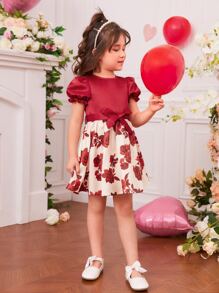 小女童印花泡泡袖繫腰帶洋裝