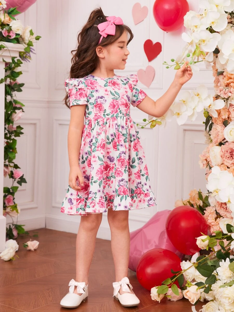 SHEIN 小女童印花泡泡袖連衣裙 - 彩色 - 查看 1