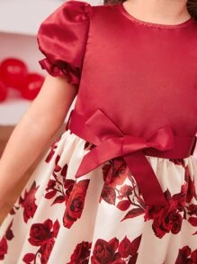 小女童印花泡泡袖繫腰帶洋裝