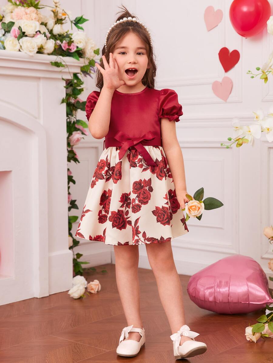 小女童印花泡泡袖繫腰帶洋裝