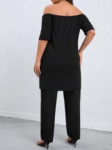 SHEIN Clasi 大碼素色一字肩不對稱下擺T恤和褲子 - 黑色 - 查看 2