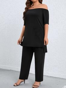 SHEIN Clasi 大碼素色一字肩不對稱下擺T恤和褲子 - 黑色 - 查看 3