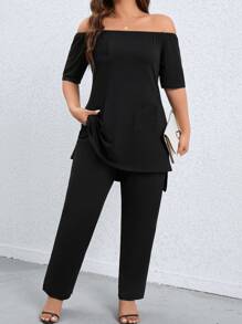 SHEIN Clasi 大碼素色一字肩不對稱下擺T恤和褲子 - 黑色 - 查看 4