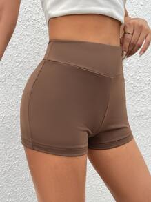 SHEIN PETITE Tummy Control Solid Cycling Shorts - Coffee Brown - View 1