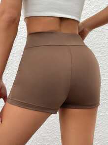 SHEIN PETITE Tummy Control Solid Cycling Shorts - Coffee Brown - View 2