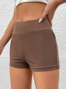 SHEIN PETITE Tummy Control Solid Cycling Shorts - Coffee Brown - View 3