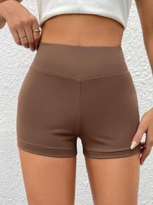 SHEIN PETITE Tummy Control Solid Cycling Shorts - Coffee Brown - View 4