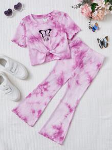 SHEIN 小女童蝴蝶圖案紮染前扭結T恤和喇叭褲 - 彩色 - 查看 1