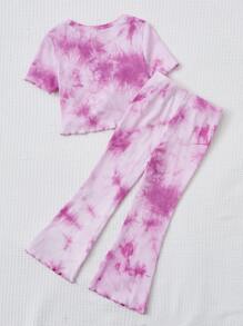 SHEIN 小女童蝴蝶圖案紮染前扭結T恤和喇叭褲 - 彩色 - 查看 2