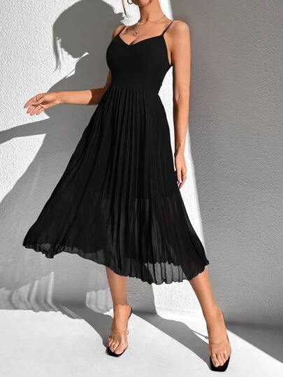 SHEIN Tall 素色百褶下擺吊帶連衣裙