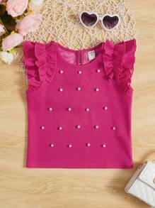 SHEIN Toddler Girls Ruffle Trim Pearls Beaded Blouse - Hot Pink - View 1