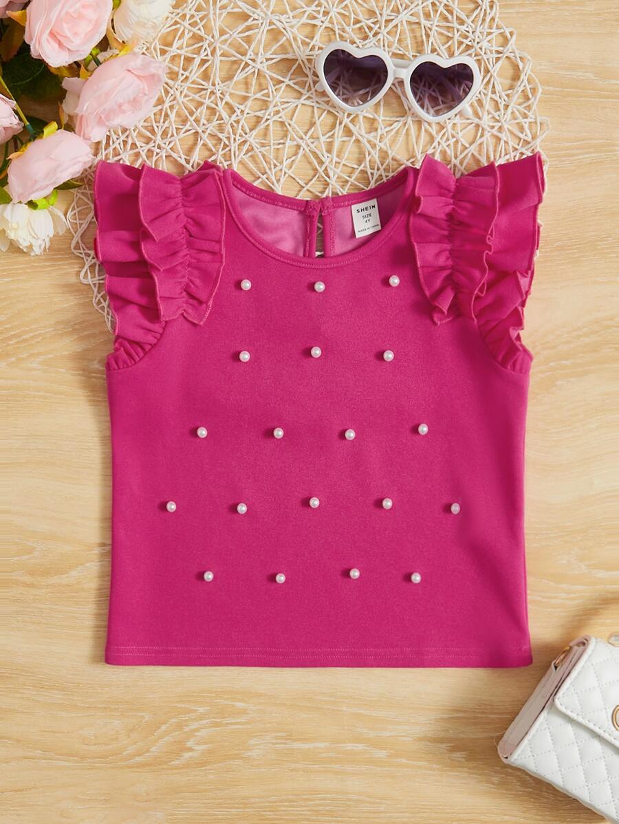 SHEIN Toddler Girls Ruffle Trim Pearls Beaded Blouse - Hot Pink - View 1