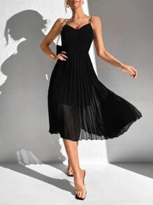 SHEIN Tall 素色百褶下擺吊帶連衣裙 - 黑色 - 查看 4