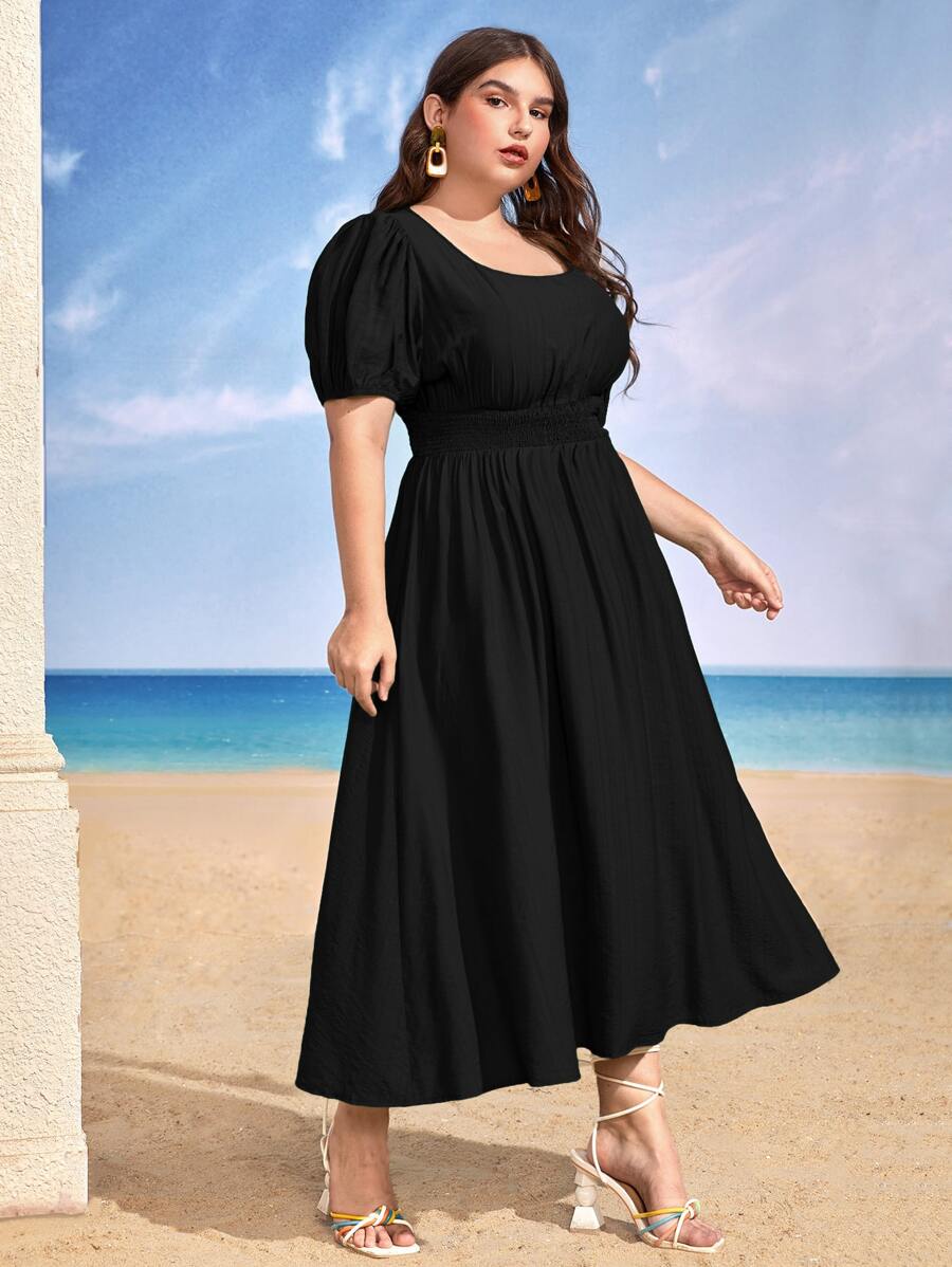 SHEIN VCAY Plus Puff Sleeve Shirred Waist Dress - Black - View 1