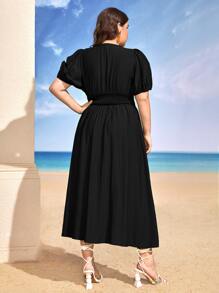 SHEIN VCAY Plus Puff Sleeve Shirred Waist Dress - Black - View 2