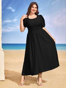 SHEIN VCAY Plus Puff Sleeve Shirred Waist Dress - Black - View 3