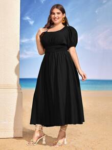 SHEIN VCAY Plus Puff Sleeve Shirred Waist Dress - Black - View 4