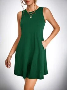 SHEIN Tall Slant Pocket Sleeveless Dress - Dark Green - View 1