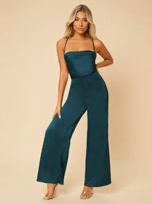 SHEIN PETITE Solid Criss Cross Backless Lace Up Jumpsuit - Teal Blue - View 5