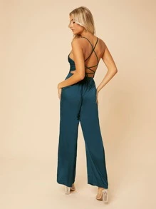 SHEIN PETITE Solid Criss Cross Backless Lace Up Jumpsuit - Teal Blue - View 2