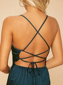 SHEIN PETITE Solid Criss Cross Backless Lace Up Jumpsuit - Teal Blue - View 3
